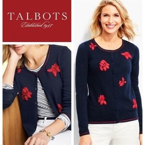 Talbots Cardigan Sweater Sz 1X 16 18 Strawberries Fruit Embroidered Blue Red